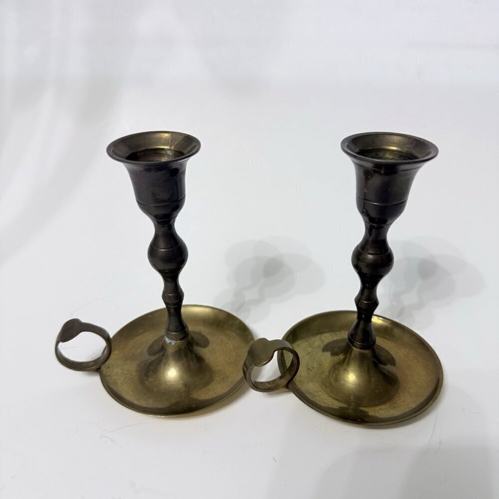 Pair Brass Chamberstick Drip Tray Finger Loop 4.5" Light Tarnish As Found